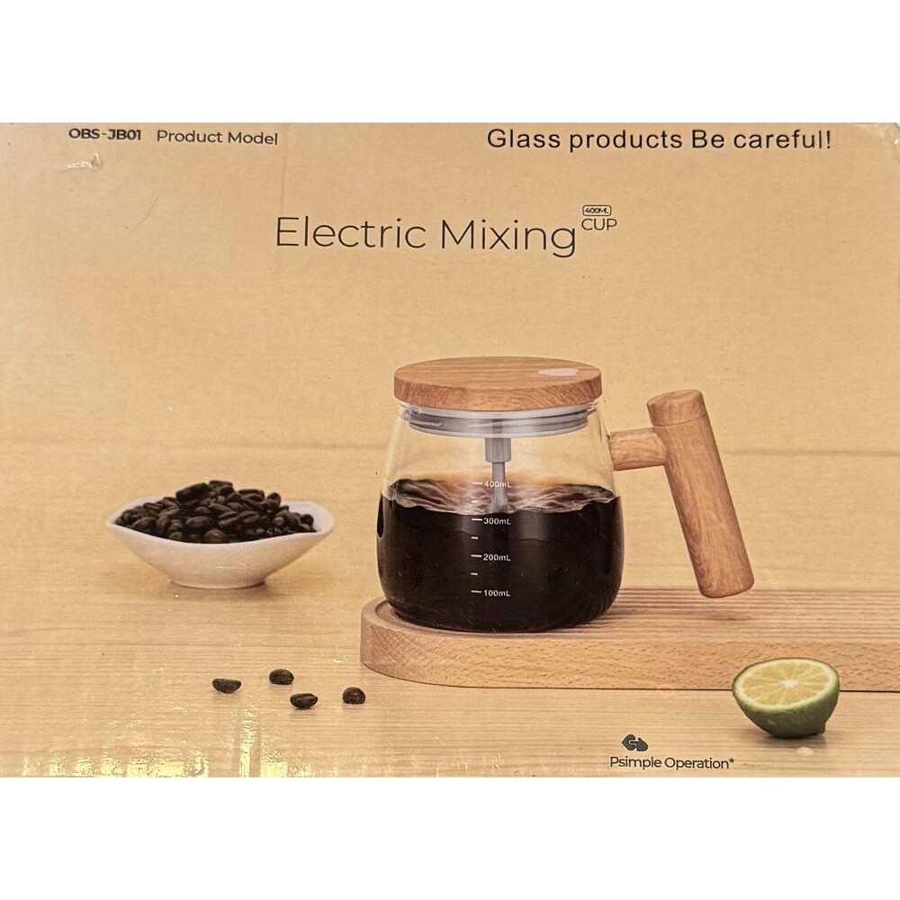 Electric High-Borosilicate Glass Self-Stirring Mug - Wood Grain Style-New In Box
